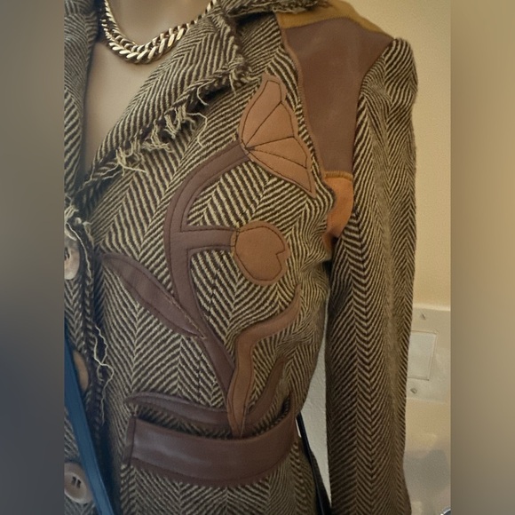 VTG Y2K Cropped Frayed Herringbone Blazer w Leather Patches by BOB MARLEY - Picture 6 of 9